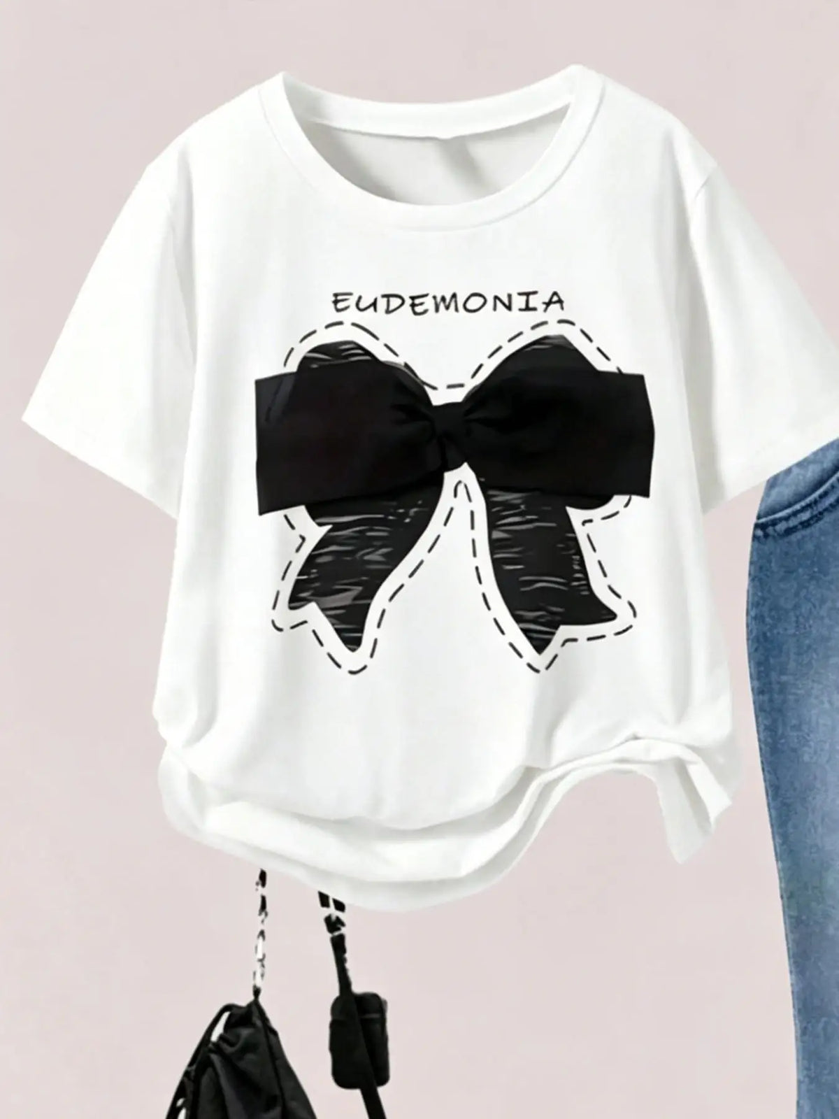 Girls' Summer Casual Outfit, Children's Casual Bowknot Set, Faux Denim Flared Pants + Round Neck Short-Sleeve T-Shirt Two-Piece Set, Trendy Daily Wear for Girls, Suitable for Ages 4-12