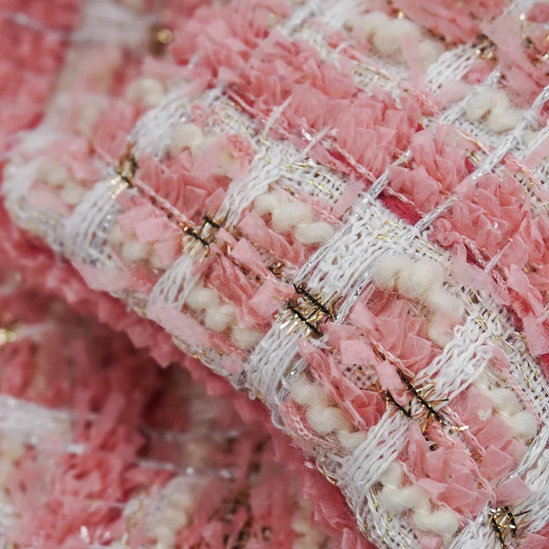 Tweed Fabric for Coat, Pink, Golden Thread, Glitter Cloth, Diy