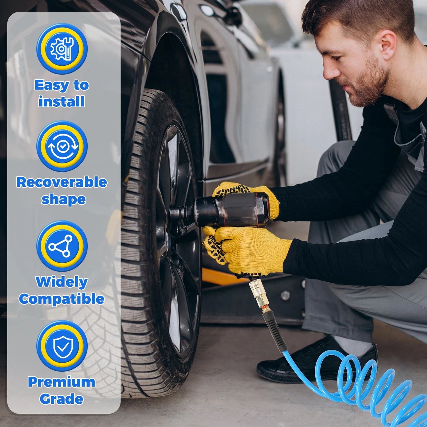 25FT Air Compressor Hoses with Coupler and I/M Plug Sturdy Flexible PU Recoil Air Hose Reliable Anti Kink Tool Accessory 300 PSI