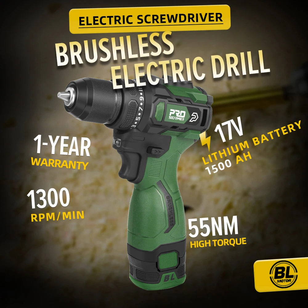 17V Brushless Electric Drill 55NM Cordless Driller Mini  Screwdriver Li-ion Battery 5pcs Bit Power Drill By PROSTORMER