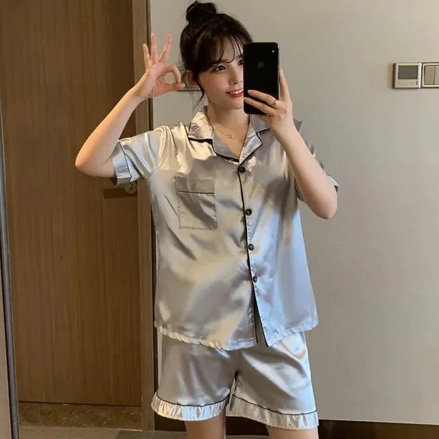 Women's & Men's Satin Pajama Set - Short Sleeve, Solid Colour