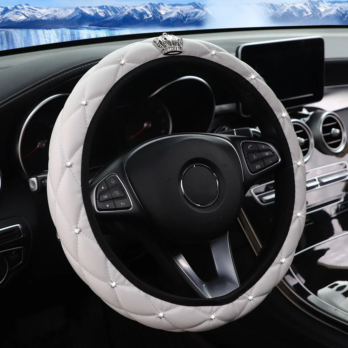 Soft leather diamond-studded crown Blingbling car without inner ring steering wheel cover suitable for 14.5 - 15 inch car access