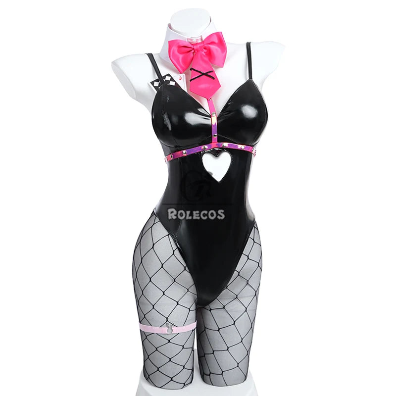 ROLECOS Black Jumpsuit Rabbit Hole Bunny Girl Costume Halloween Sexy Women PU Leather Fabric Elastic Cosplay Bunny Suit Outfit