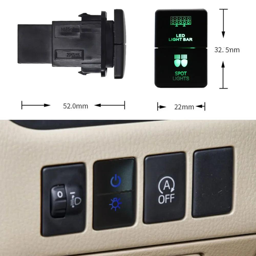 12V Dual Push Button Switch ON-Off Blue/Green Backlit 32.5mm X 22mm for Toyota 4Runner Hilux Prado RAV4, with Connector Wire