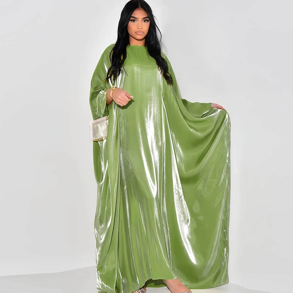 Shimmer Batwing Satin Abaya – Luxury Muslim Kaftan Dress for Eid & Ramadan