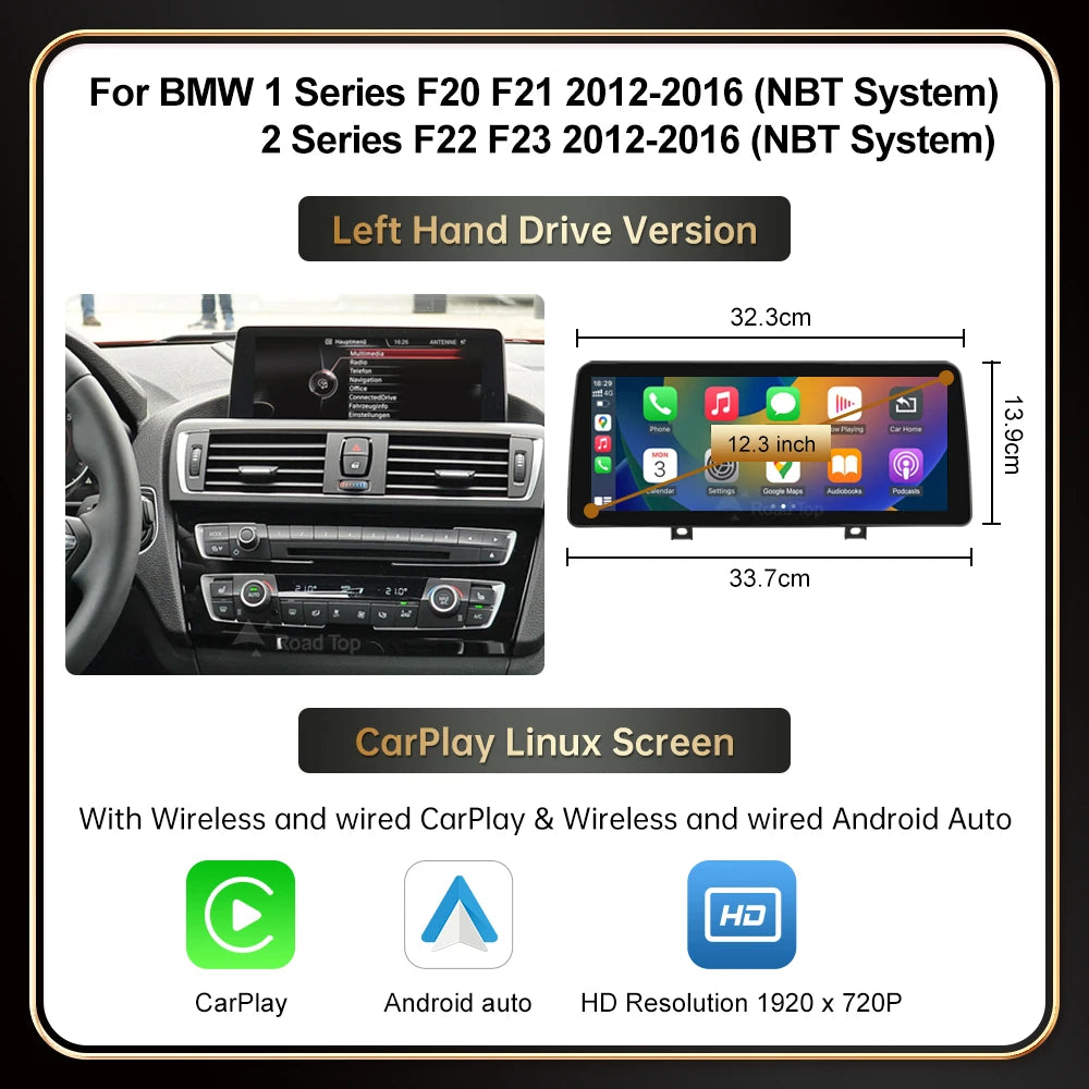 12.3" Wireless CarPlay & Android Auto Display Screen, Compatible with BMW 1 2 Series F20 F21 F22 F23 F45 (NBT)