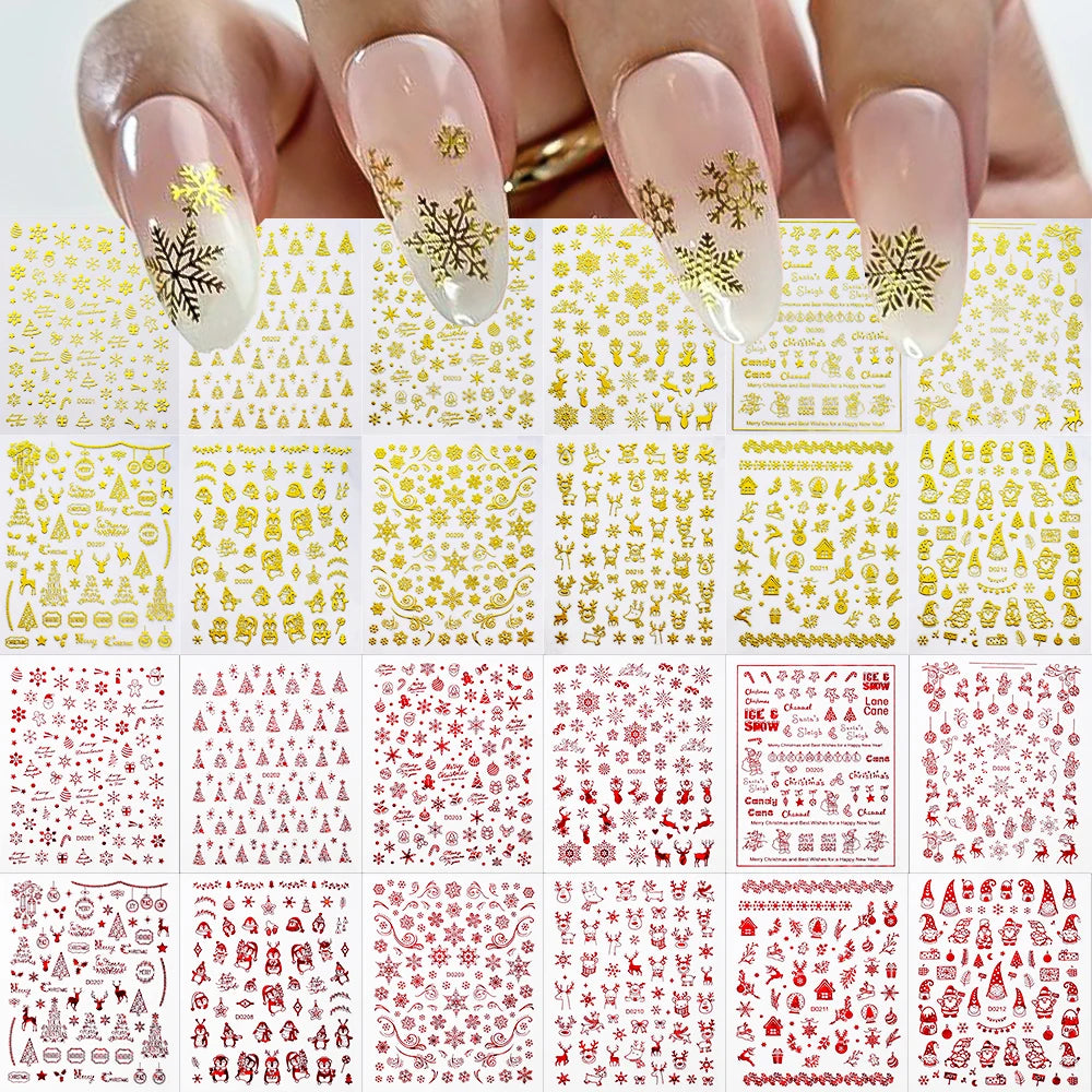 12pcs 3D Snowflake Nail Stickers Red Christmas Designs Nail Art Decals Geometric Lines New Year Winter Gel Foils Sliders Decors*