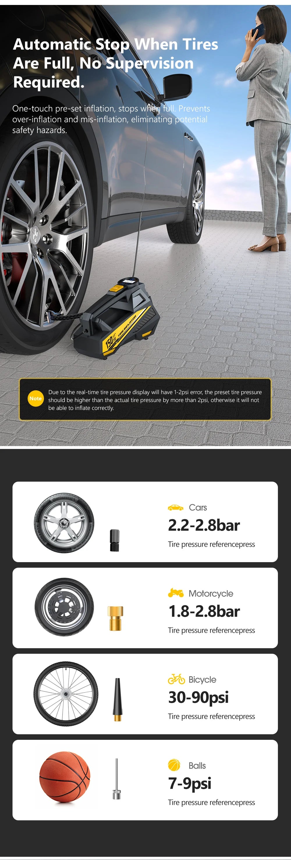 CARSUN Corded Portable Car Air Pump 12V 150PSI Electric Tire Inflator Pump Motorcycle Bike Ball LED Light Car Air Compressor
