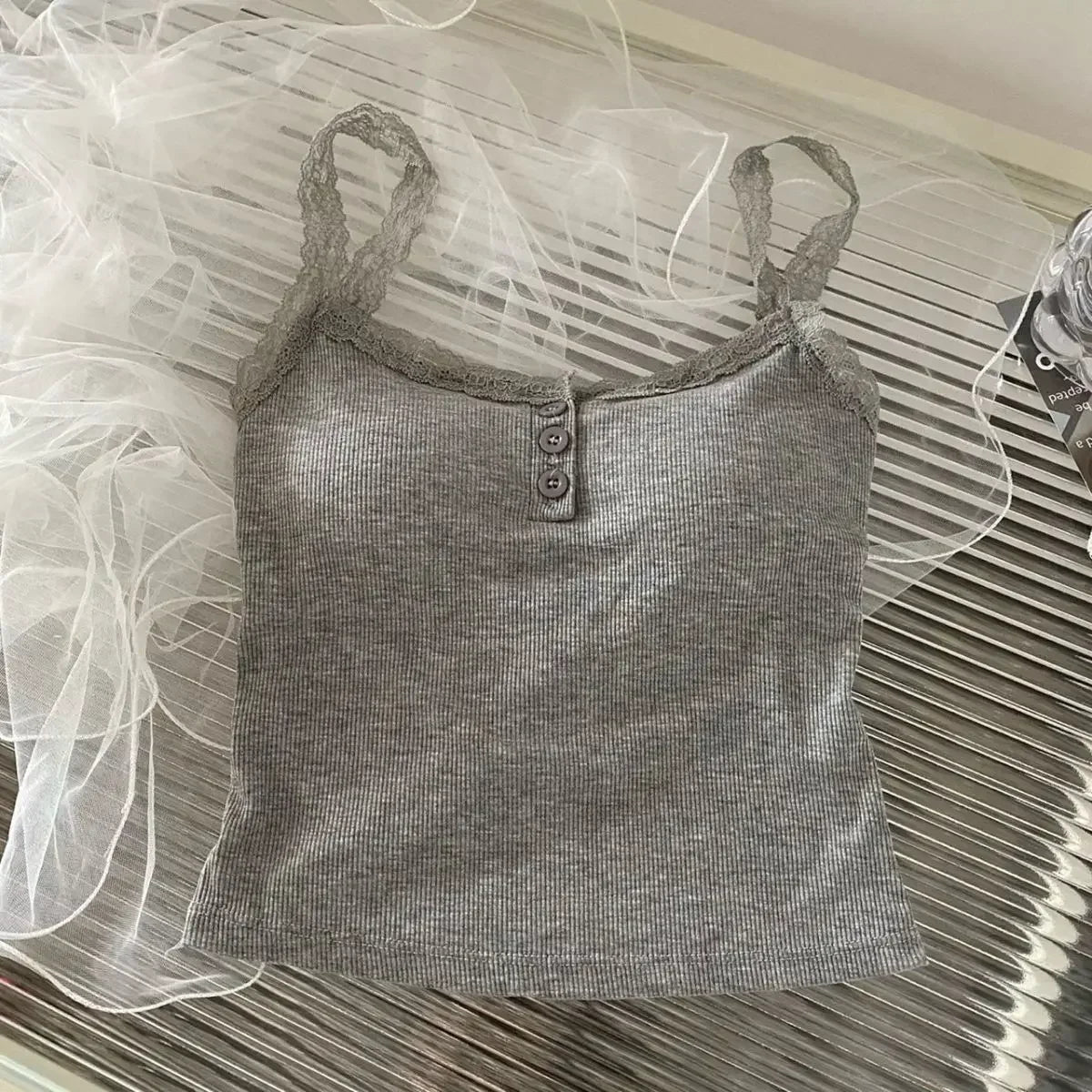 Women's Knit Tank Top — Padded Lace Camisole Crop Vest