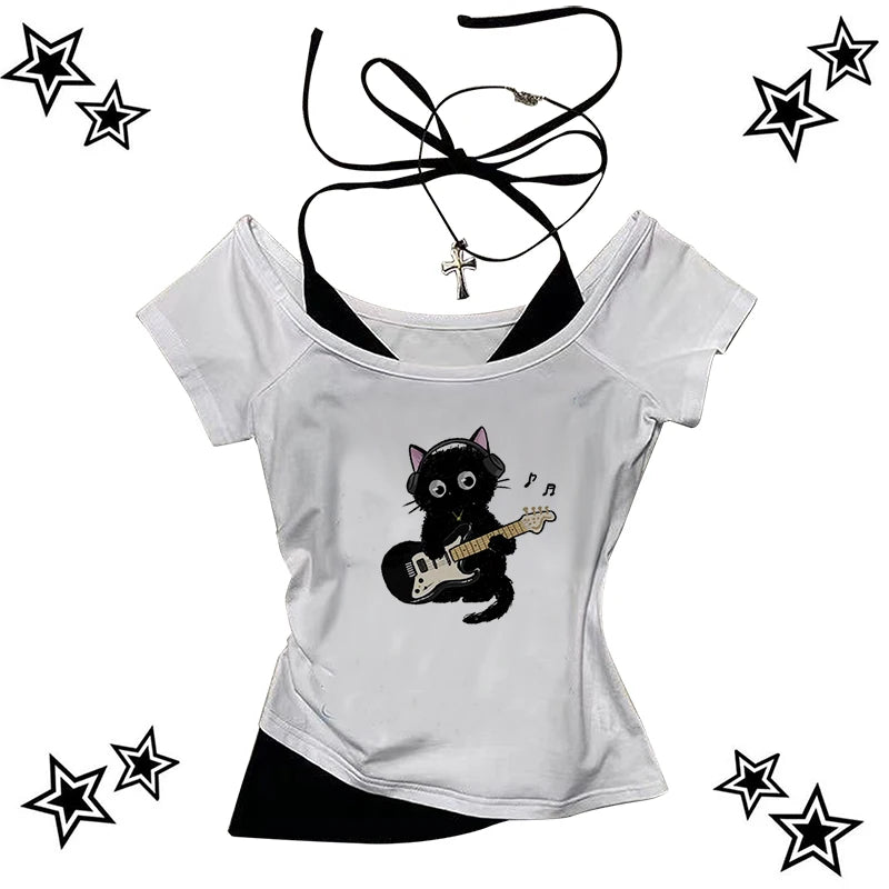 Y2k Aesthetic Cat pattern Vintage Basic Tees Ladies Clothes Retro Graphic Top White Short Sleeve Casual T Shirt for Women