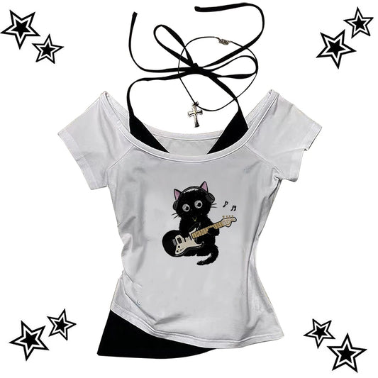 Y2k Aesthetic Cat pattern Vintage Basic Tees Ladies Clothes Retro Graphic Top White Short Sleeve Casual T Shirt for Women