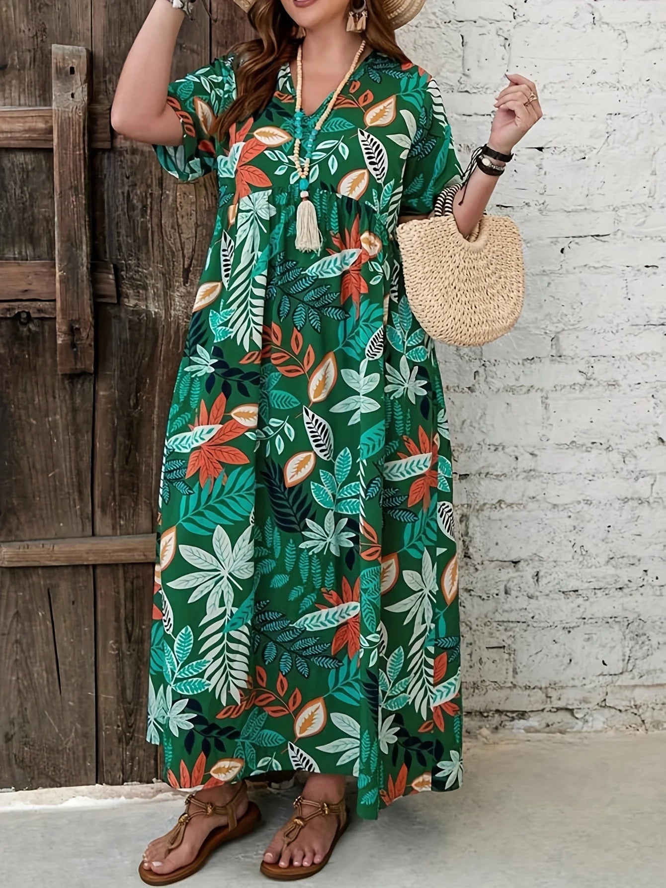 Women's Plus Size Boho Tropical Print V-Neck Dress with Ruched Chest & Short Sleeves Spring Summer Vacations Cute Dresses
