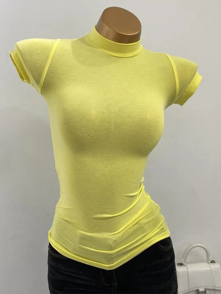 Women's Mock-Neck Sheer Tee — Slim Stretch Short-Sleeve Layering Top