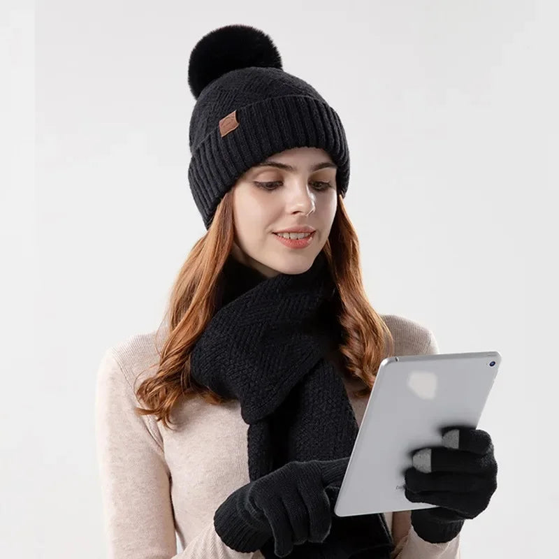 Women's Pom Pom Beanie, Scarf & Touchscreen Gloves - 3 Piece Set - photo 2