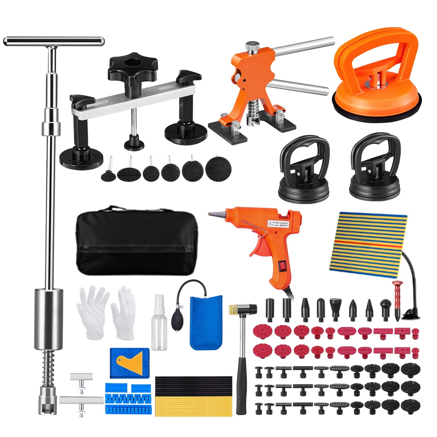 SucceBuy 107-Piece Paintless Dent Repair Kit – Gold Dent Puller, 2-in-1 Slide Hammer, 50 Pull Tabs, Air Wedge & Glue Gun | Fix Car Dents, Hail Damage & Door Dings