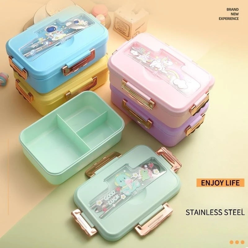 Dinosaur Kids Bento Lunch Box - 3 Grid Snack Box with Cutlery