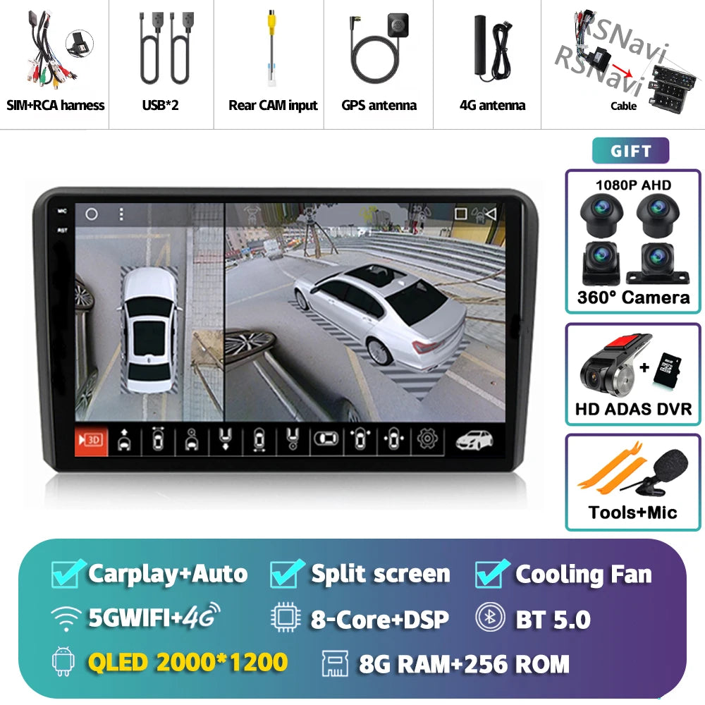 Android 16 Carplay Auto GPS Navigation For Audi A3 8P 2003 - 2013 Radio Multimedia Player 2Din Head Unit Video Stereo Car Radio