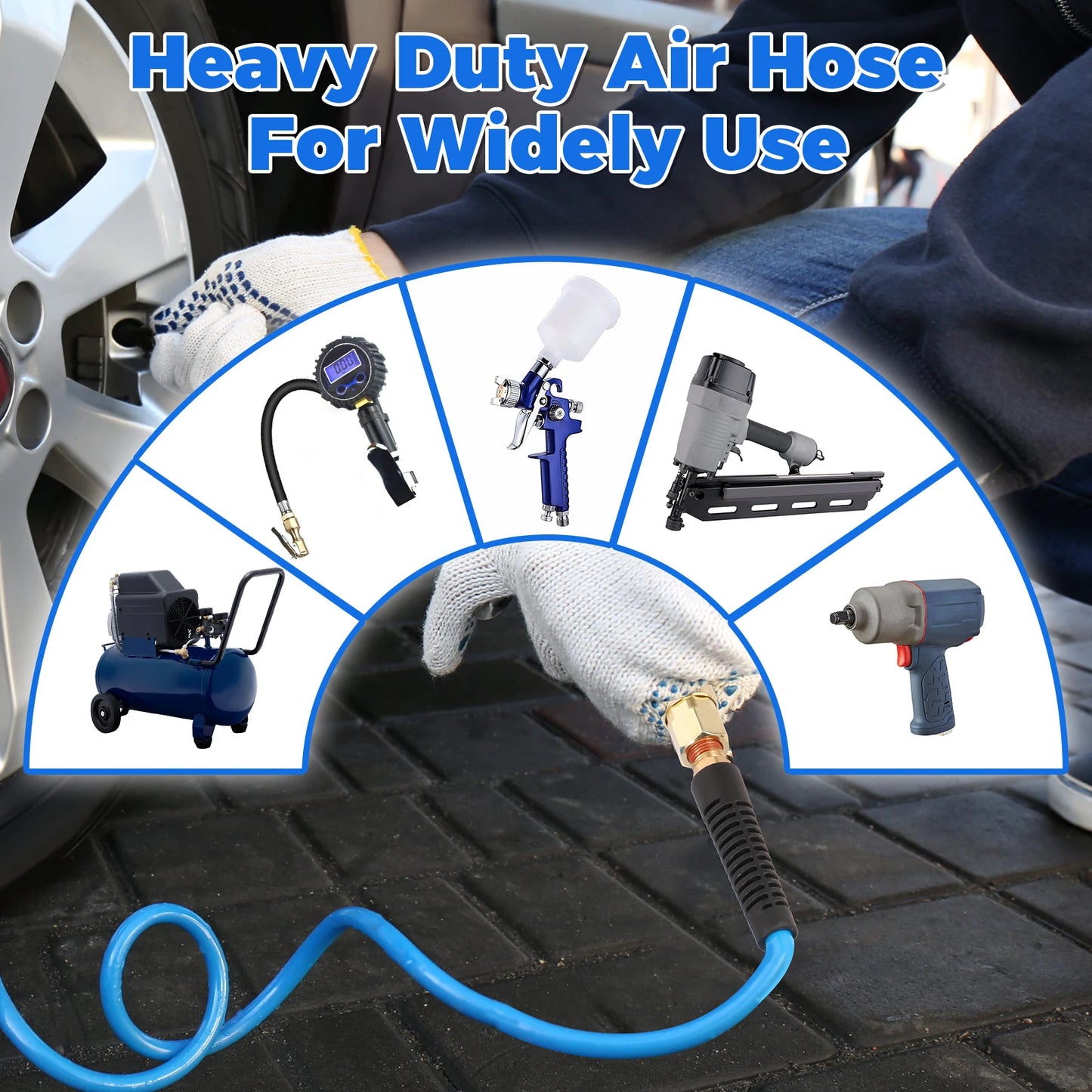 25FT Air Compressor Hoses with Coupler and I/M Plug Sturdy Flexible PU Recoil Air Hose Reliable Anti Kink Tool Accessory 300 PSI