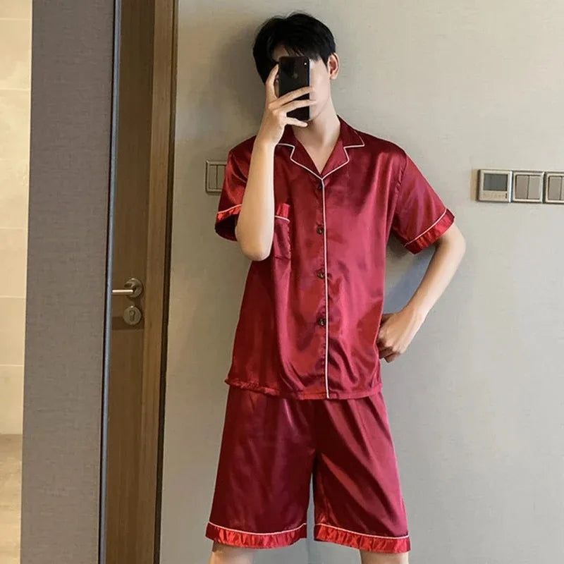 Women's & Men's Satin Pajama Set - Short Sleeve, Solid Colour