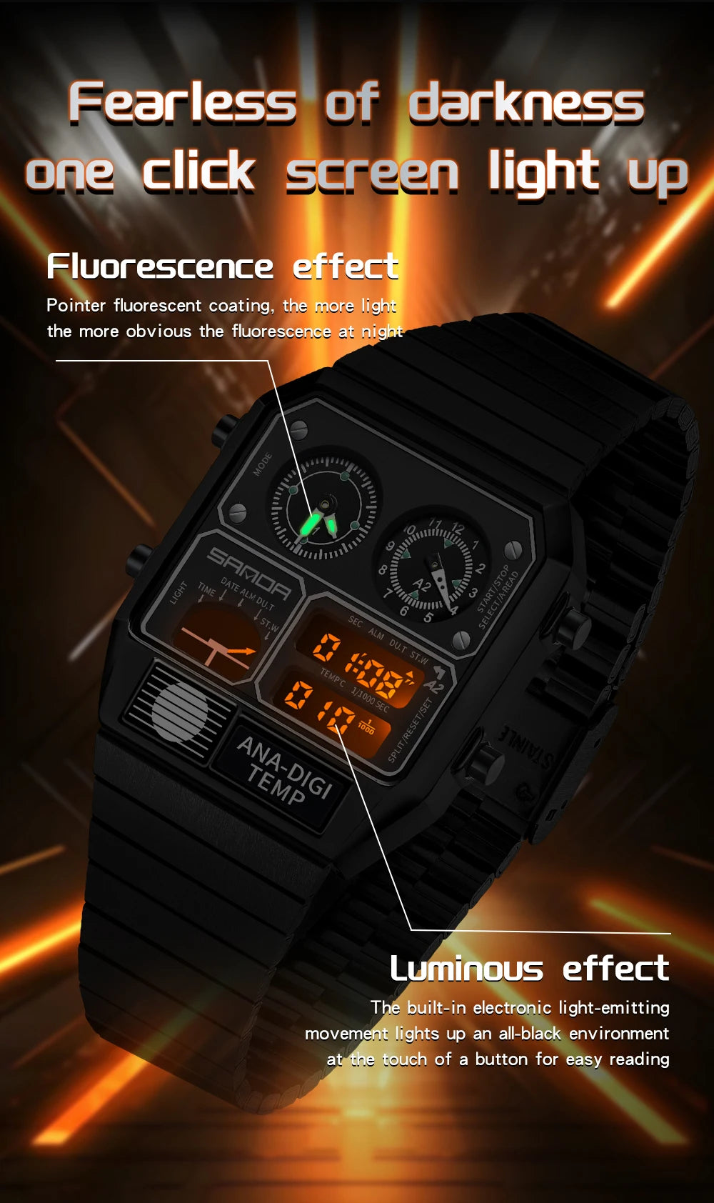 SANDA 3192 Men's Sport Watch – Analog-Digital LED, Waterproof, Stainless Steel