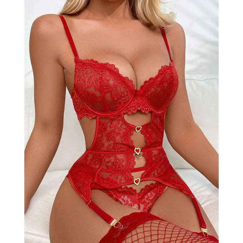 3 Piece Women's Panties Lingerie Ultra Hot Sexy Clothing Lace Thong Cutout Bra Garter Bodysuit Stockings Set Erotic Underwear