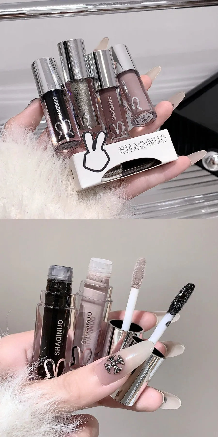 SHAQINUO Water Light Mirror Lip Gloss Lasting Moisturizing Cool Black Silver Gray Pearlescent Fine Sparkling Lipstick Lip Oil