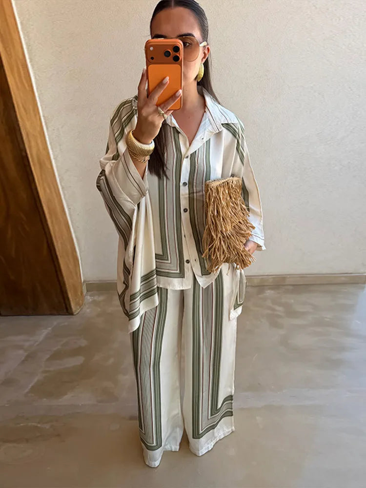 Striped Shirt & Wide-Leg Trousers Set — Women's 2-Piece