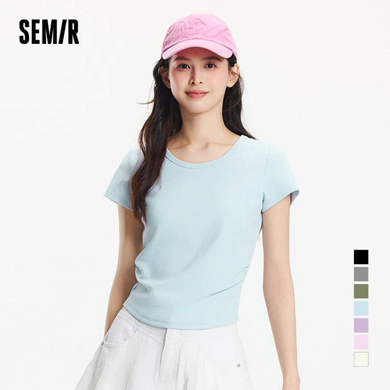 Semir Short Sleeve T-Shirt Women Cropped Slim Fit Shoulder Fit Design 2026 New Summer Embroidered Top Versatile for Chic Outfits