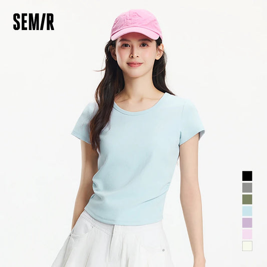 Semir Short Sleeve T-Shirt Women Cropped Slim Fit Shoulder Fit Design 2026 New Summer Embroidered Top Versatile for Chic Outfits