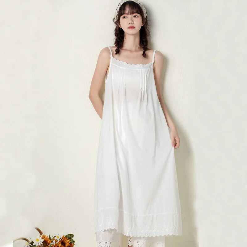 Johnature 2026 Summer New Japanese Casual Spaghetti Strap Thin All Match Dress For Women Solid Color Cotton Female Dresses