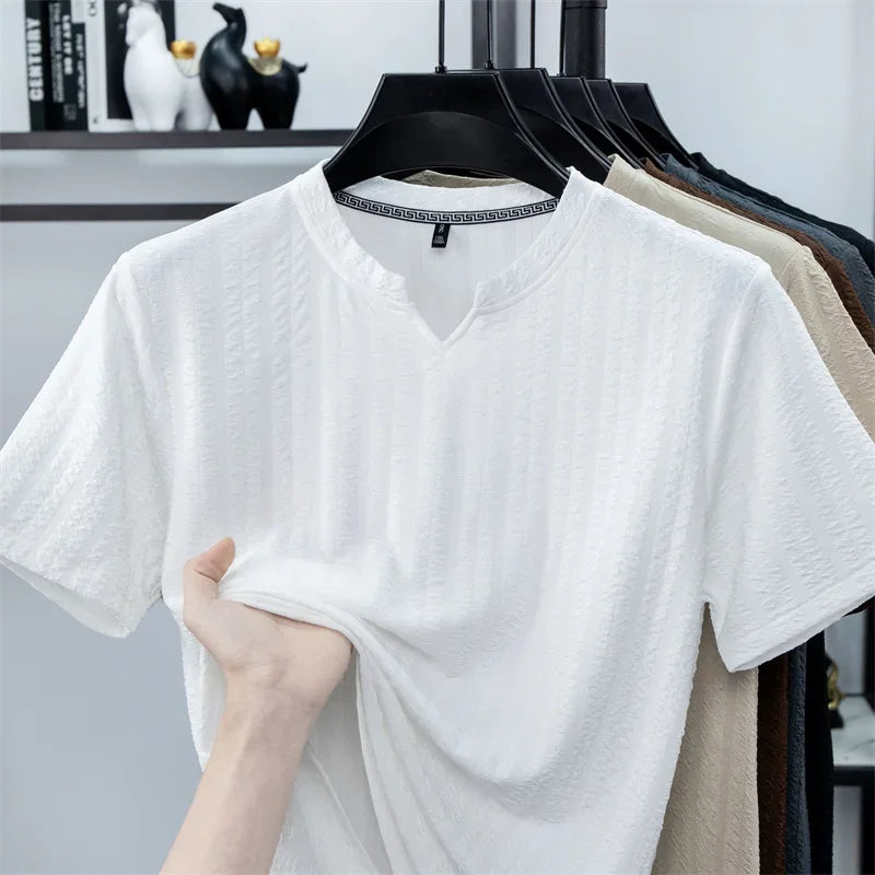 Men's Bubble-Texture Tee - Split Collar, Soft Anti-Wrinkle Stretch