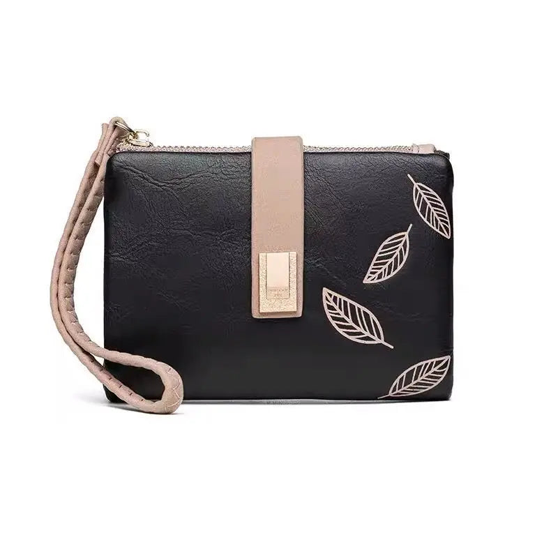 Spring/Summer 2026 new women's short wallet, high-quality PU hardware leaf buckle, solid color zipper, student coin coin purse,