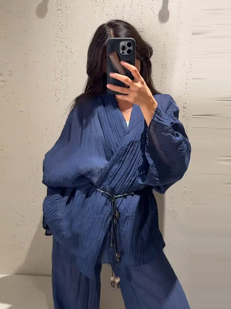 V-Neck Lace-Up Shirt & Wide-Leg Trousers Set — 2-Piece