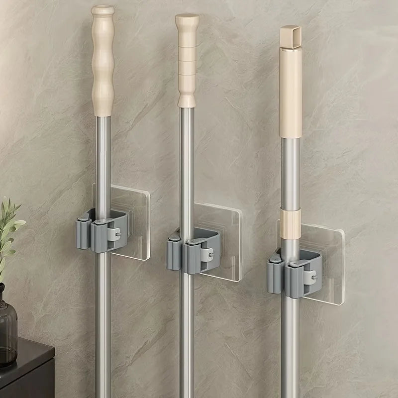 4pcs Wall-Mounted Broom & Mop Holders: Heavy-Duty Adhesive Clips for Multi-Functional Tool Organization