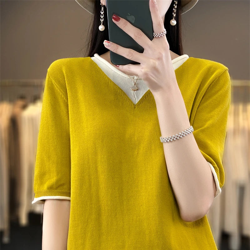 Pure Cotton Hollow Short-Sleeved Ladies Spring And Summer Loose Slim New Joker Knit Bottoming T-Shirt