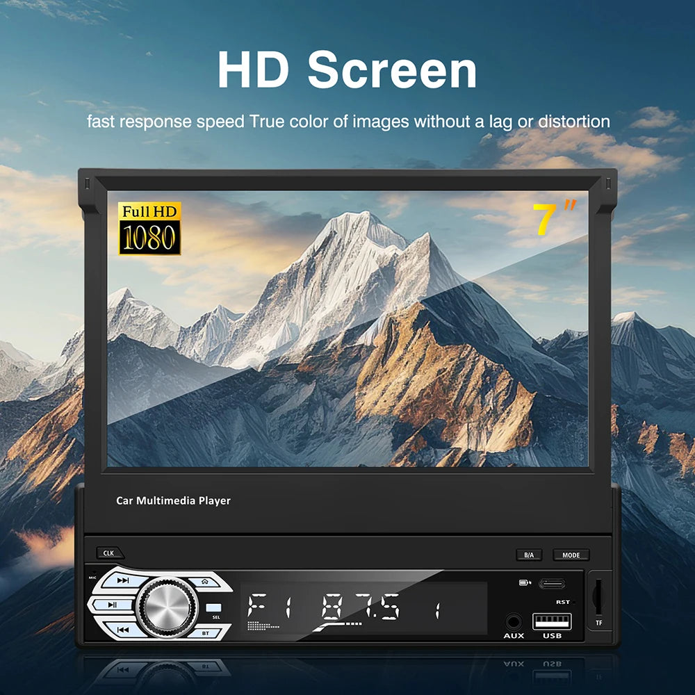 1-DIN 7" Retractable Touchscreen Car Stereo — CarPlay, Android Auto, Mirror Link, FM/AUX, Bluetooth