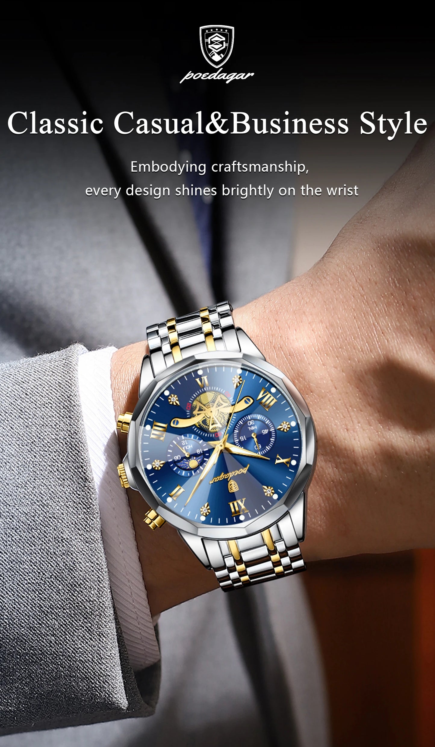 POEDAGAR Luxury Men's Quartz Watch – Waterproof Luminous Chronograph Stainless Steel Wristwatch (Model 938)