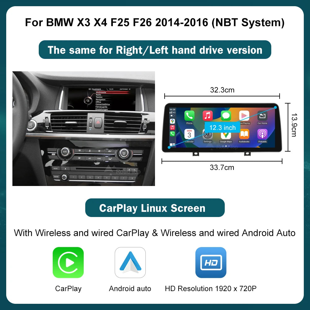 RoadTop 12.3'' Wireless Carplay Multimedia Linux Touch Screen For BMW X3 F25 X4 F26 2011-2016 CIC NBT Android auto Auto Link