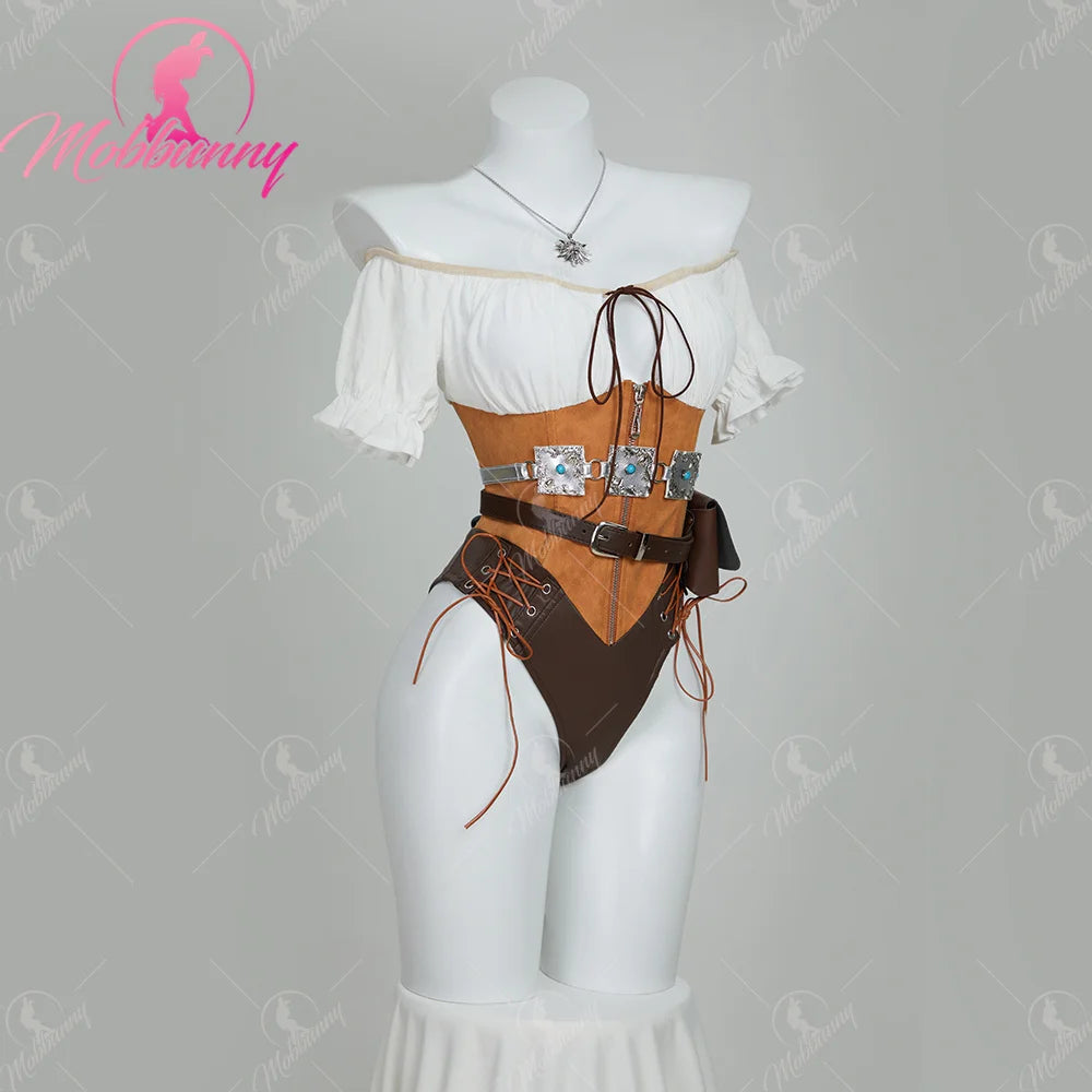 MOBBUNNY Women's Ciri Derivative Cosplay Costume Sexy Bodysuit Medieval Halloween Lingerie Set Bodycon with Belt Gloves and Bag