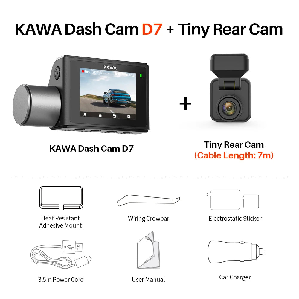 4K Front and Rear Dash cam KAWA D7,Video Recorder 4K WiFi6 Car Camera,DVR Tiny Rear Camera for AUTO,APP/Voice Control Dashcam