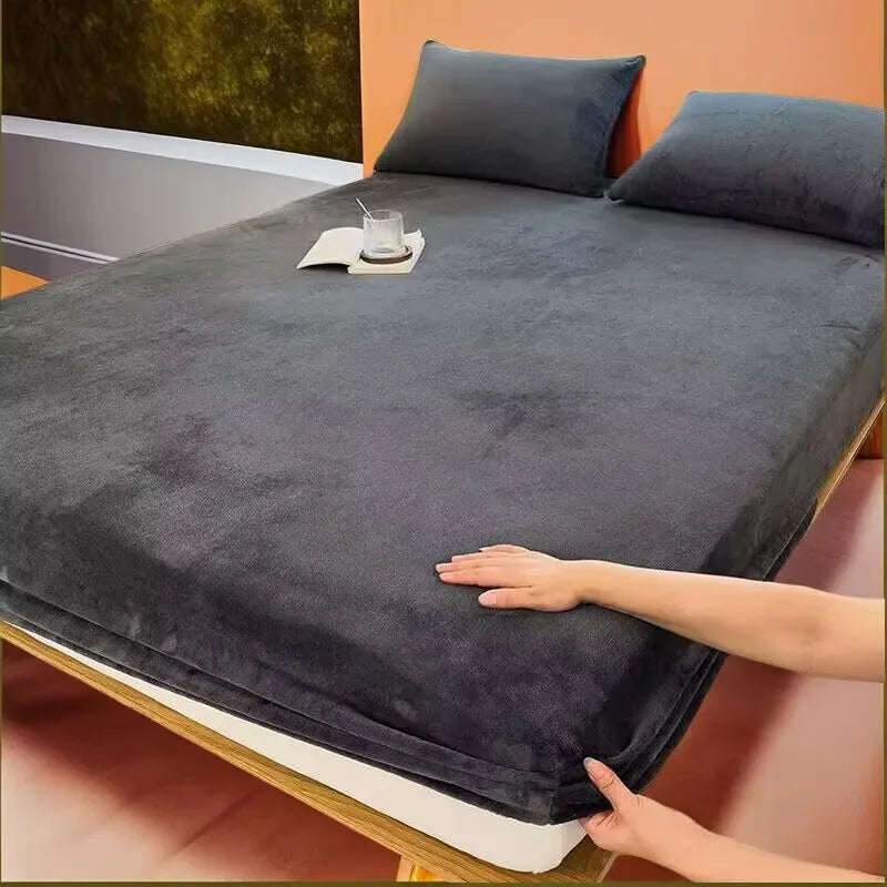 Soft warm plush fitted sheet elastic mattress cover fluffy coral fleece bed linen winter couple luxury double bed bedding﻿﻿