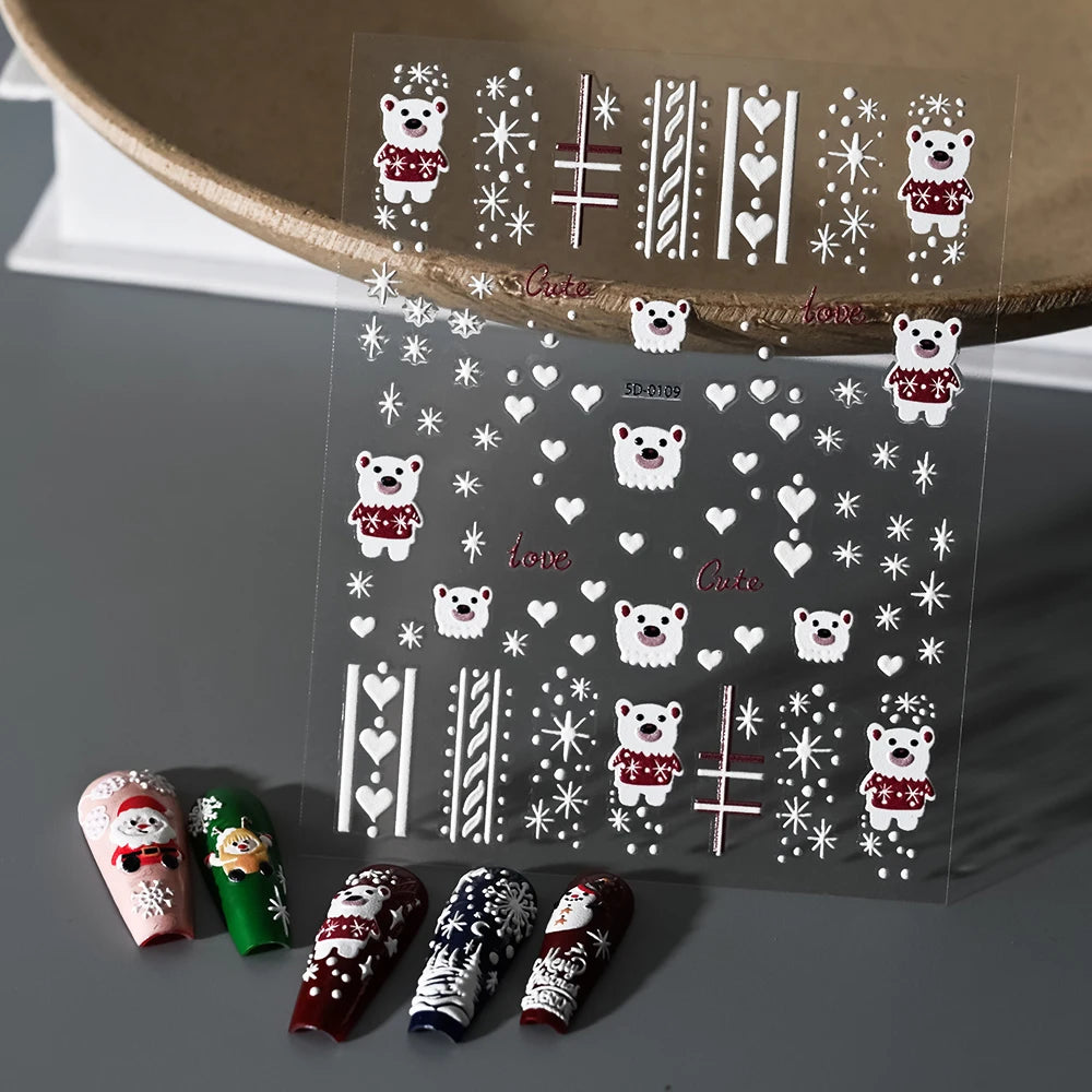 1pcs 5D Embossed Snowflakes/Snowman/Santa Claus/Reindeer Nail Art Stickers Self-Adhesive Cute Christmas Nail Art Decals 8*10CM