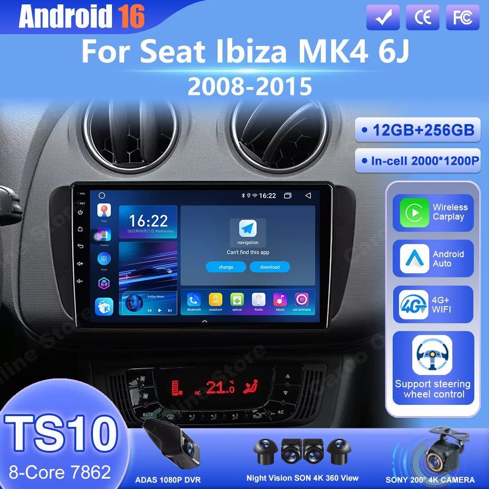 9" Android Car Stereo for Seat Ibiza MK4 6J (2008–2015) — CarPlay, Android Auto, GPS, 4G, WiFi