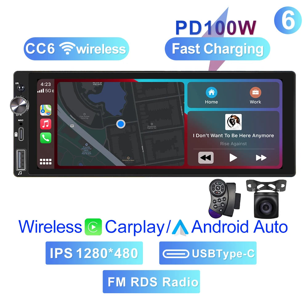 6.9" 1 DIN Universal Car Stereo with Apple CarPlay & Android Auto (MP5)