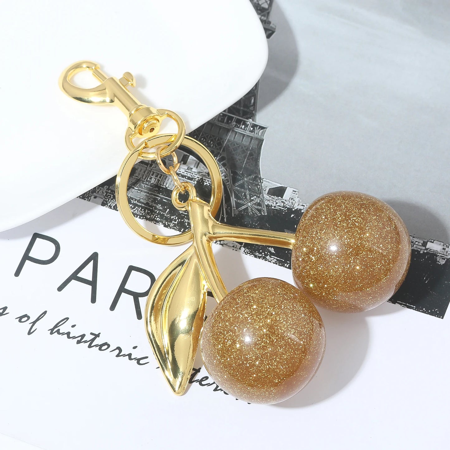 Cherry Crystal Bag Charm Keychain — Pink Fruit Keyring