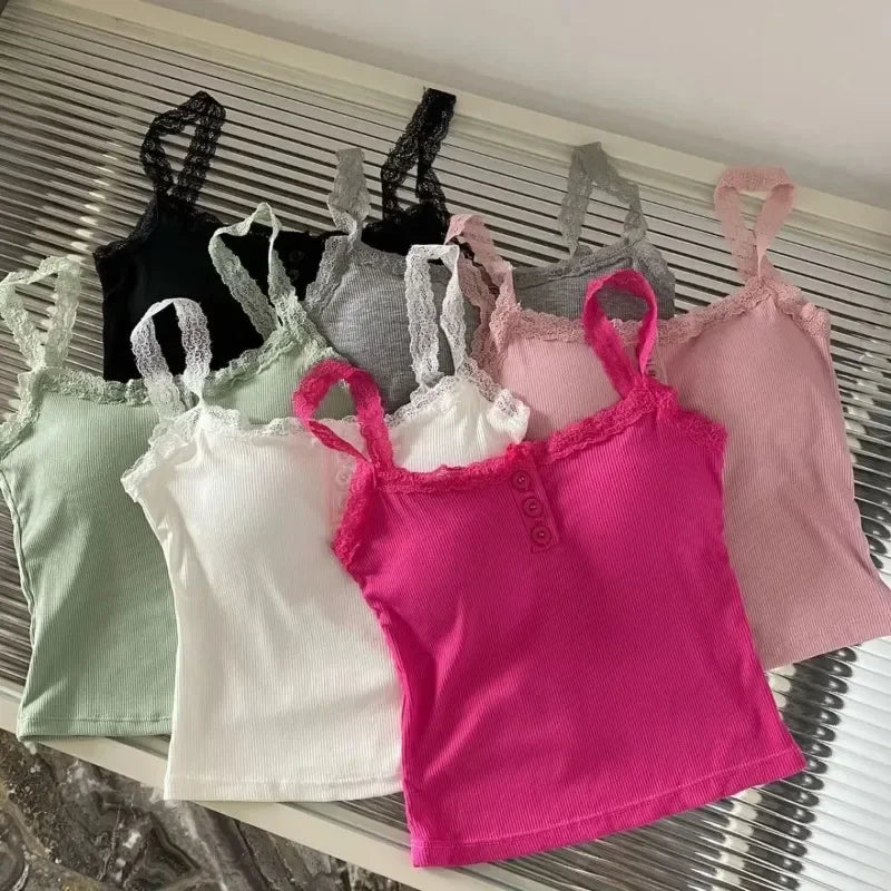 Women's Knit Tank Top — Padded Lace Camisole Crop Vest