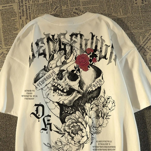 Women's Cotton Skull-Print T-Shirt — Retro Round-Neck Short-Sleeve Top