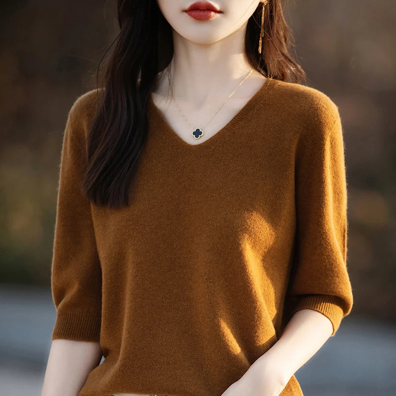 RONGYI Spring/Summer 2026 Ladies Sweater Pullover Solid Color V-neck Half-sleeved Knitted Cashmere Sweater Thin Casual Top