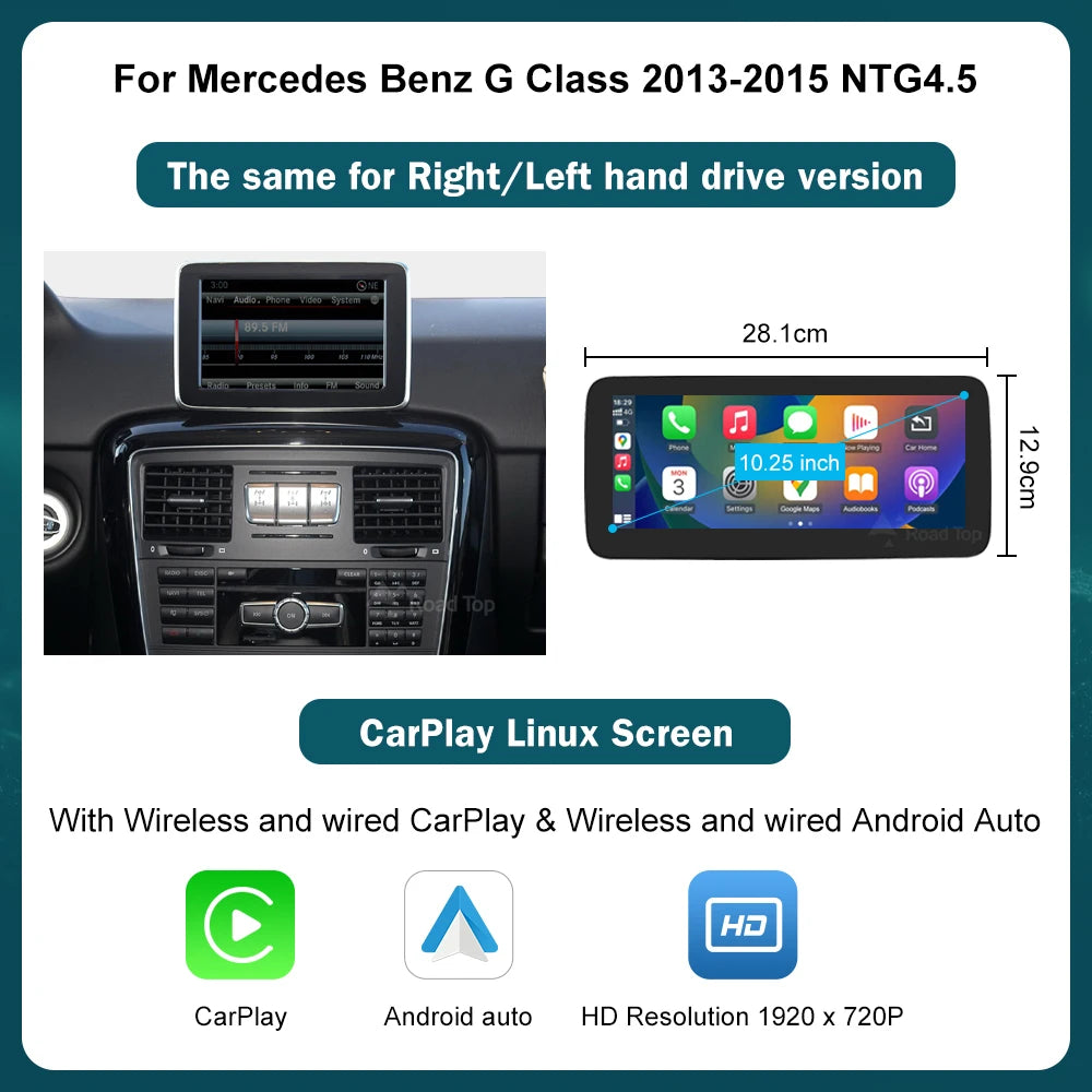 Wireless CarPlay & Android Auto Display Screen, Compatible with Mercedes-Benz G-Class W463 (2013-2018)