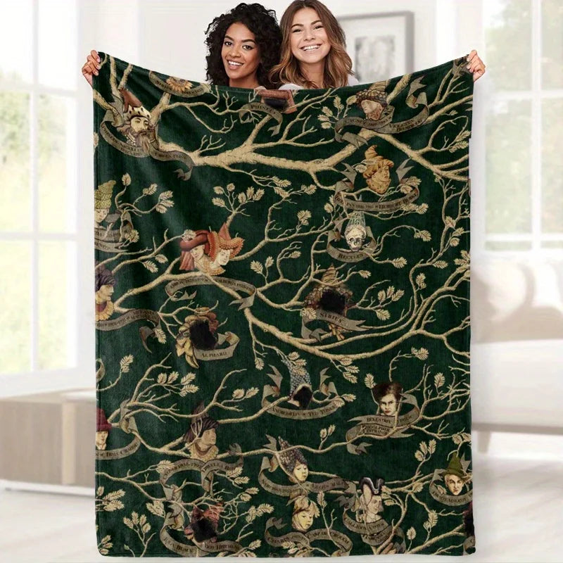 Family Tree Print Fleece Blanket, Black